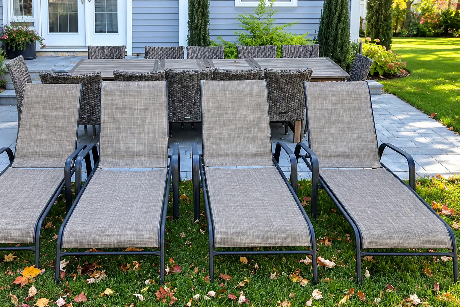 Outdoor patio dining set and lounge chairs before shrink wrapping