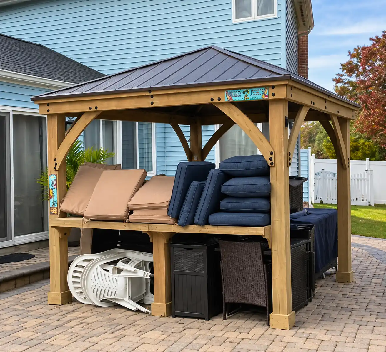 Backyard gazebo and outdoor furniture before shrink wrapping