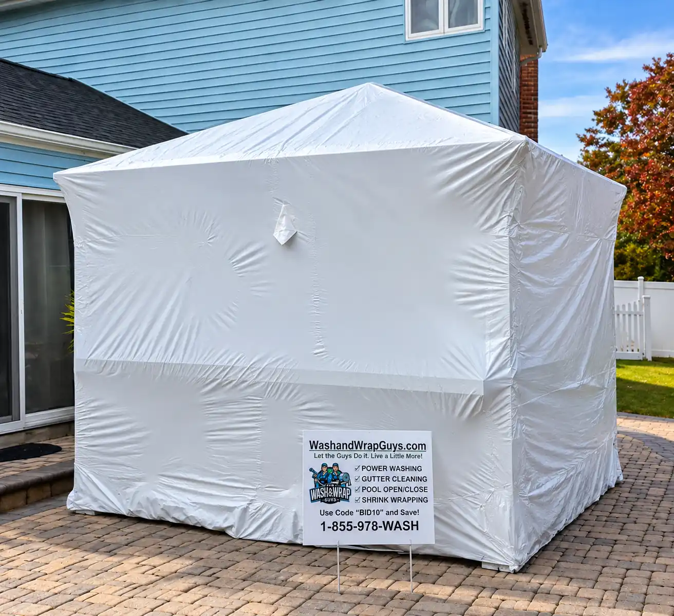 Backyard gazebo protected with professional shrink wrapping