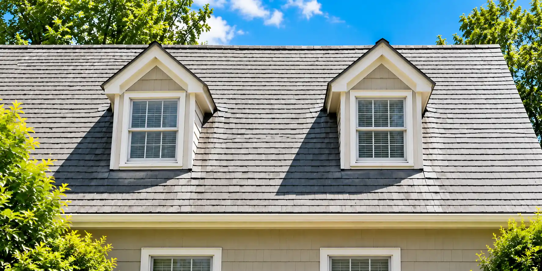 Stained roof covered in moss and dark streaks before washing by Wash & Wrap Guys in Suffolk County, New York