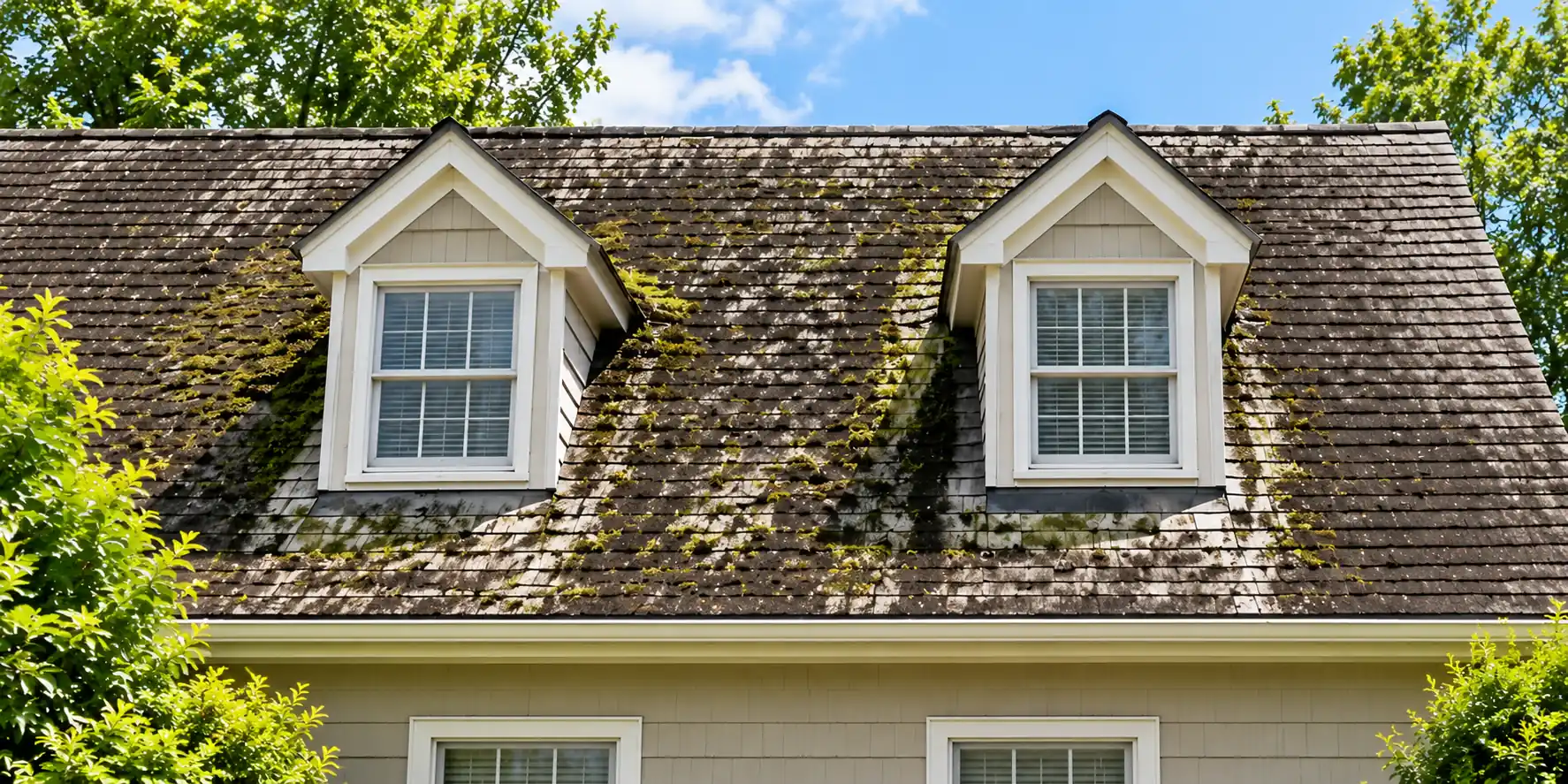 Clean roof with restored shingles after professional soft washing by Wash & Wrap Guys in Suffolk County, New York
