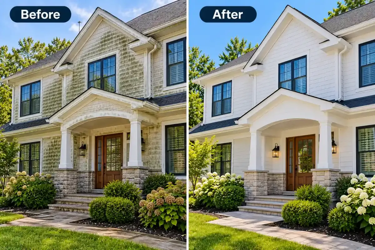 Side-by-side before and after house washing results by Wash & Wrap Guys in New York