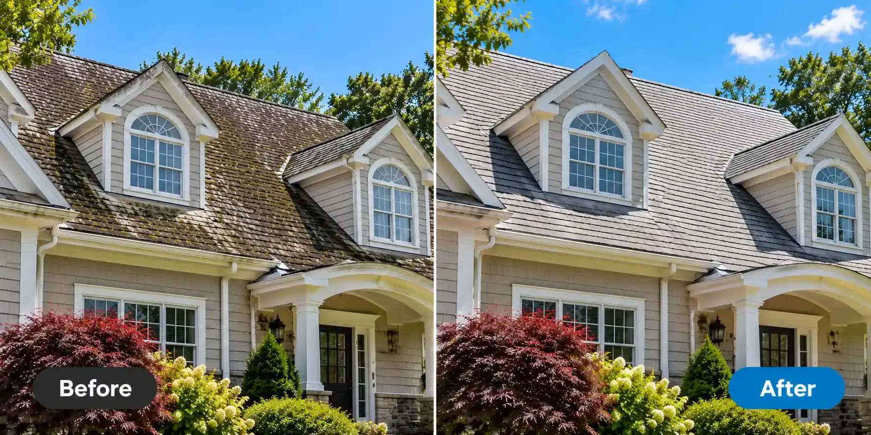 Split view showing dirty roof with black streaks before and after cleaning by Wash & Wrap Guys in Suffolk County, New York