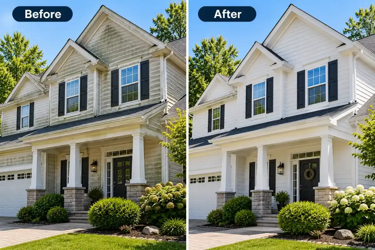Split view showing dirty and clean house exterior before and after washing by Wash & Wrap Guys in New York