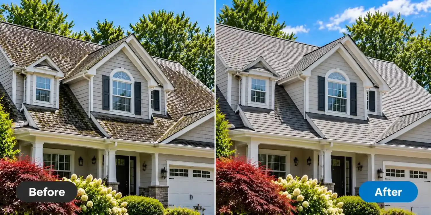Side-by-side roof cleaning transformation showing moss removal by Wash & Wrap Guys in Suffolk County, New York