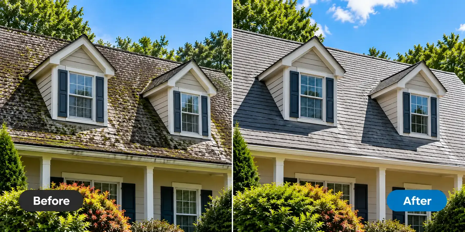 Before and after comparison of professional roof cleaning and stain removal by Wash & Wrap Guys in Suffolk County, New York