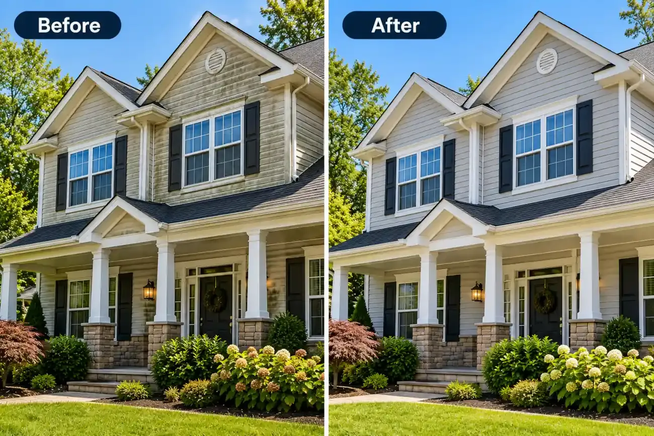 Before and after comparison of house exterior cleaning and power washing by Wash & Wrap Guys in New York